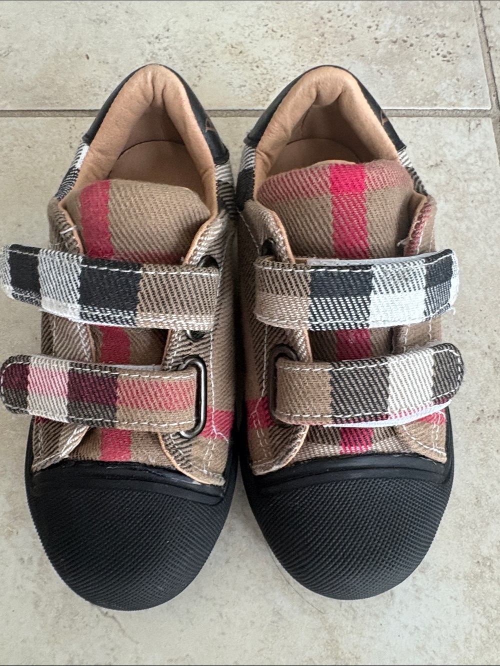 Burberry Kids Plaid Velcro Sneakers in Beige, Black and Pink - Picture 2 of 5